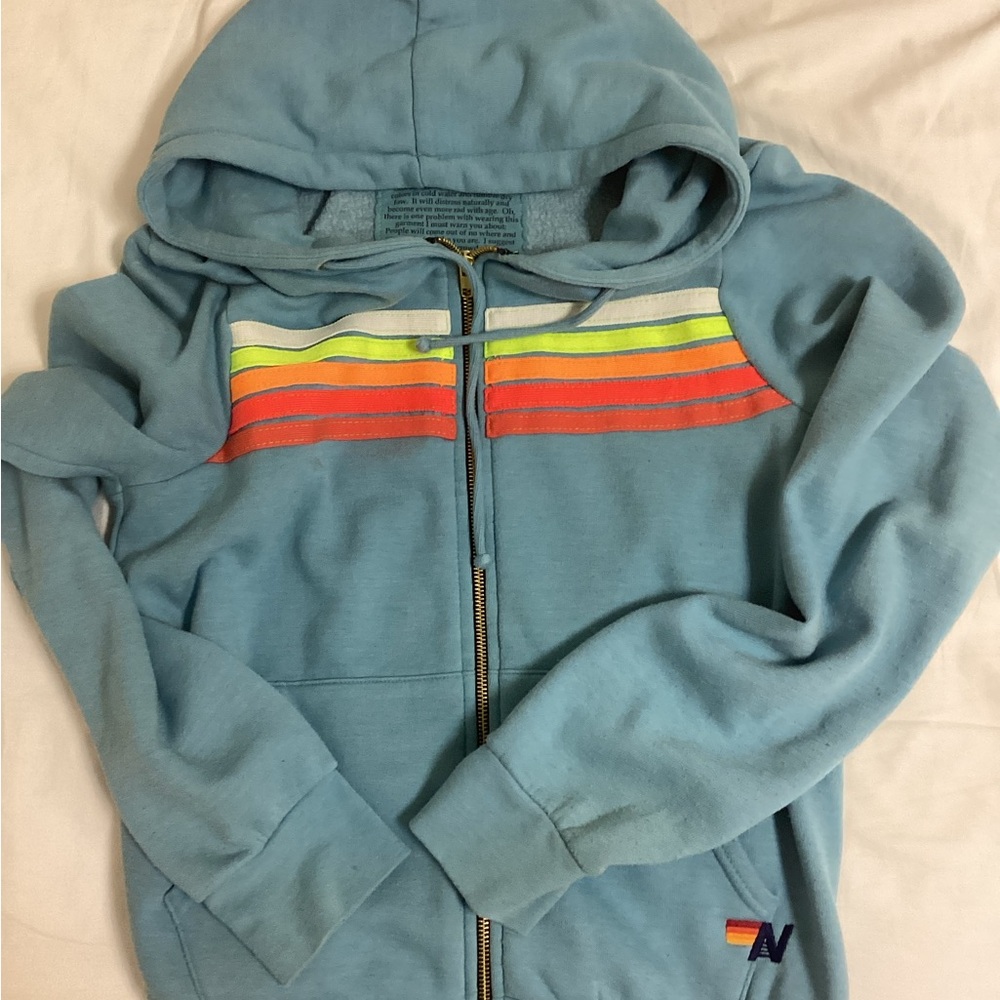 Aviator Nation Blue Hoodie with Rainbow Stripes